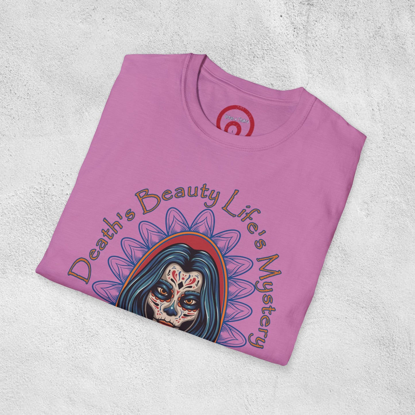 Unisex Softstyle T-Shirt - 'Death, Beauty, Life's Mystery' Design - Vibrant Graphic Tee for Celebrations