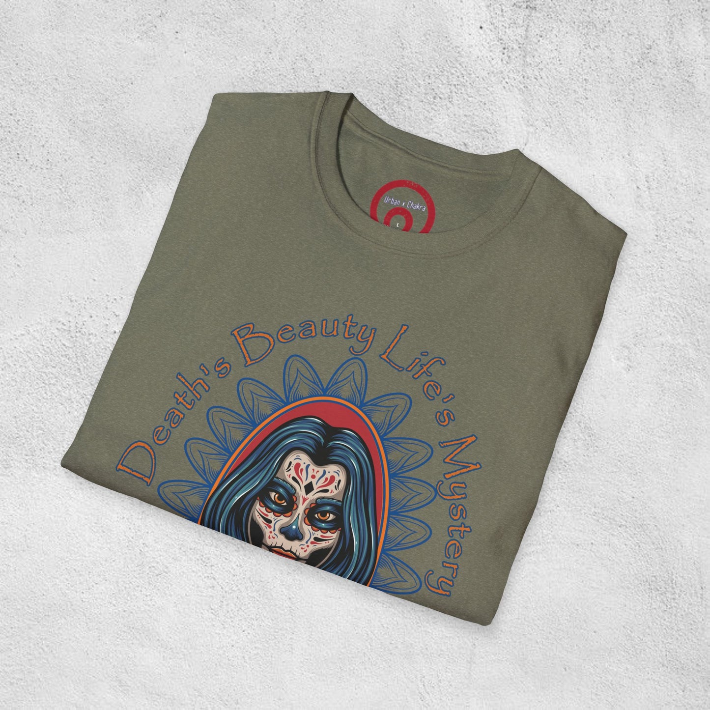 Unisex Softstyle T-Shirt - 'Death, Beauty, Life's Mystery' Design - Vibrant Graphic Tee for Celebrations