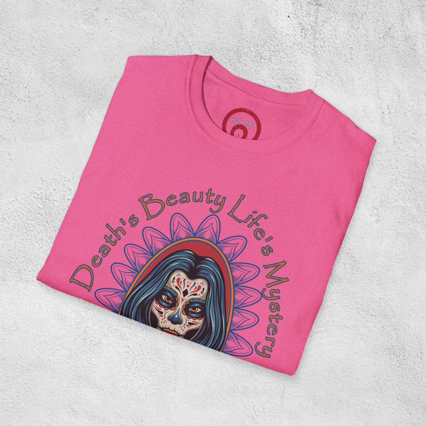 Unisex Softstyle T-Shirt - 'Death, Beauty, Life's Mystery' Design - Vibrant Graphic Tee for Celebrations