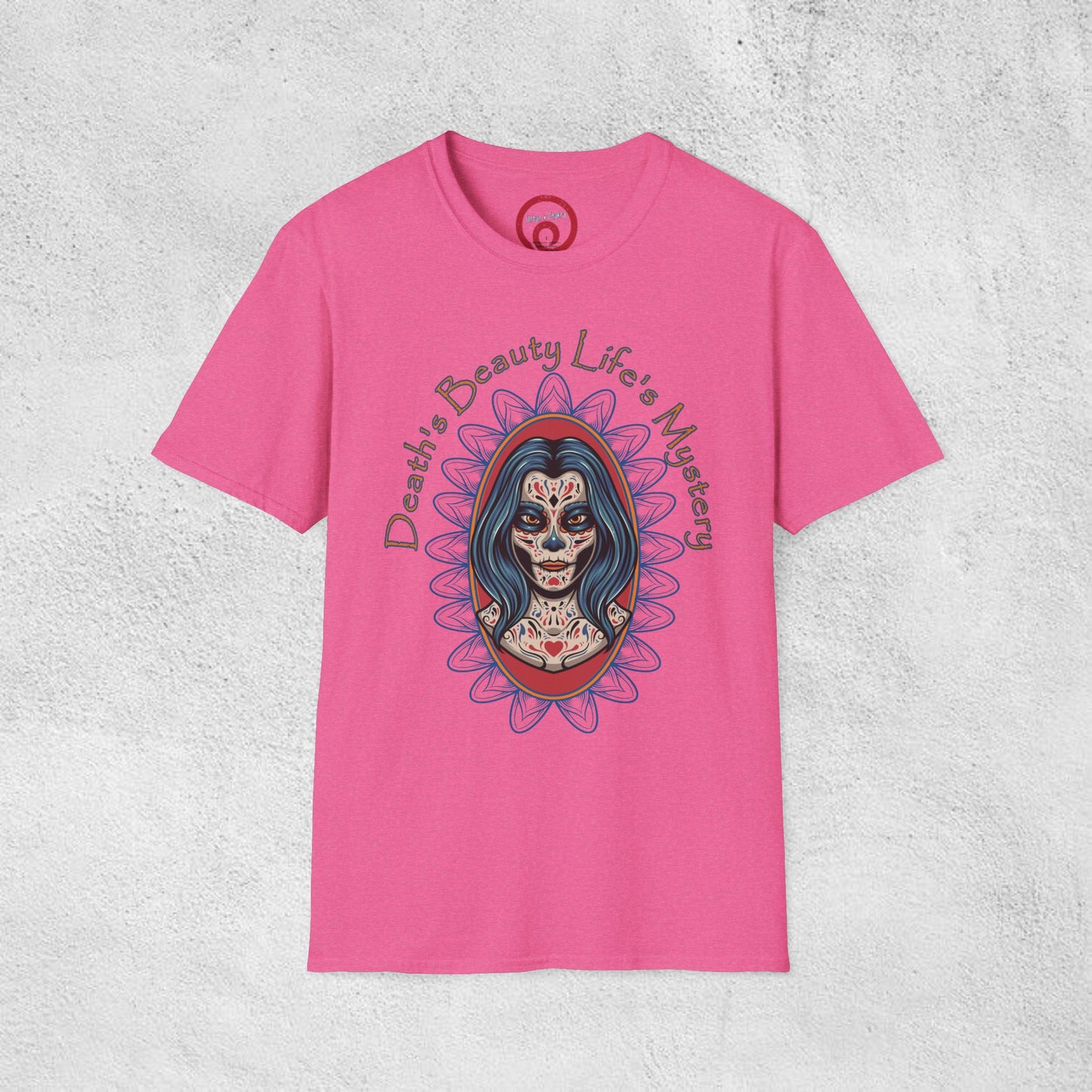 Unisex Softstyle T-Shirt - 'Death, Beauty, Life's Mystery' Design - Vibrant Graphic Tee for Celebrations