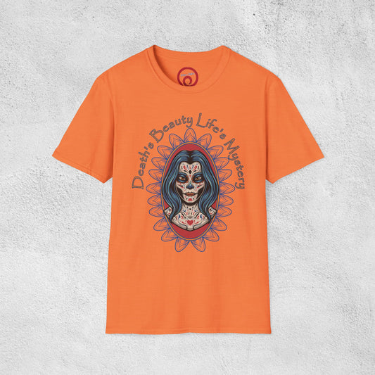 Unisex Softstyle T-Shirt - 'Death, Beauty, Life's Mystery' Design - Vibrant Graphic Tee for Celebrations