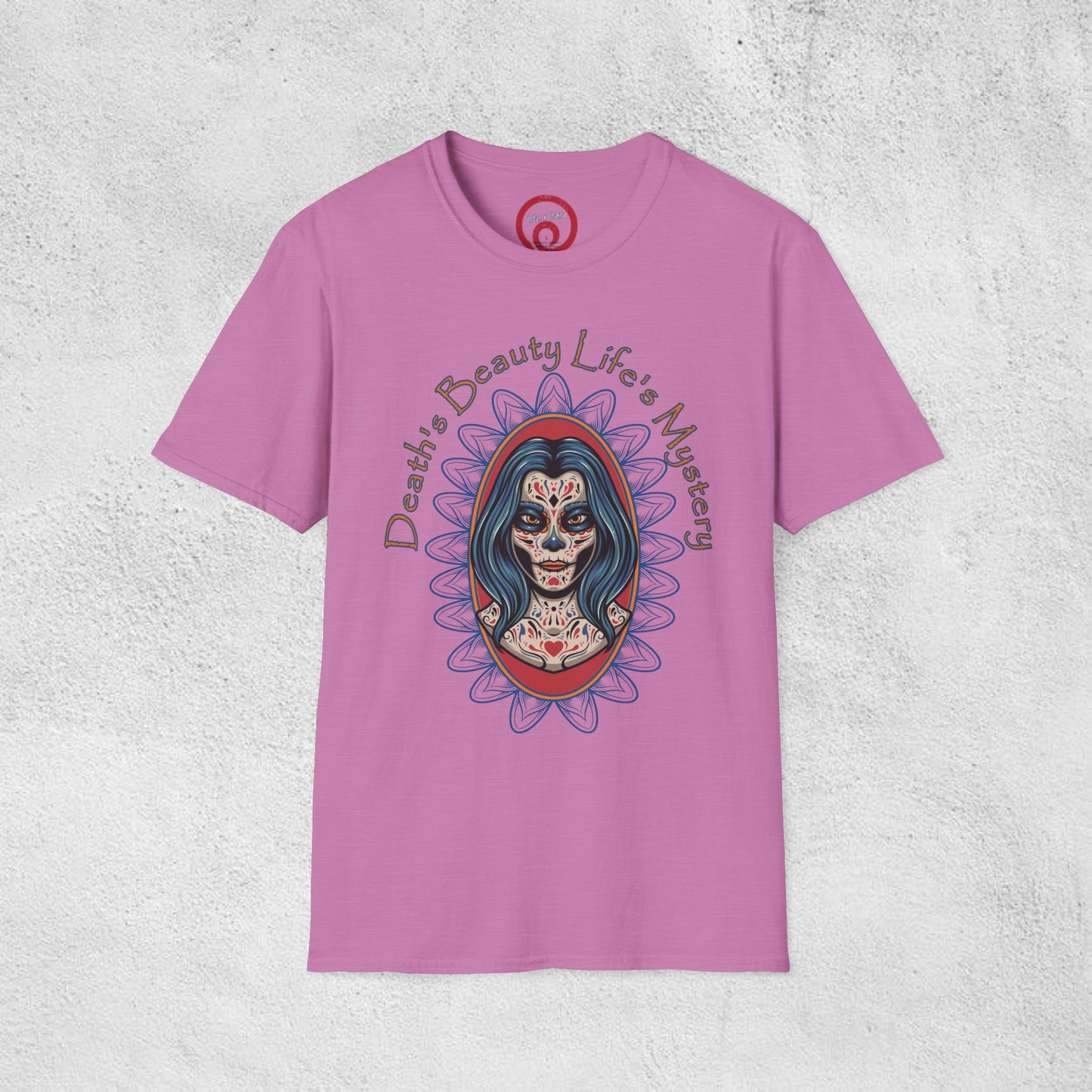 Unisex Softstyle T-Shirt - 'Death, Beauty, Life's Mystery' Design - Vibrant Graphic Tee for Celebrations